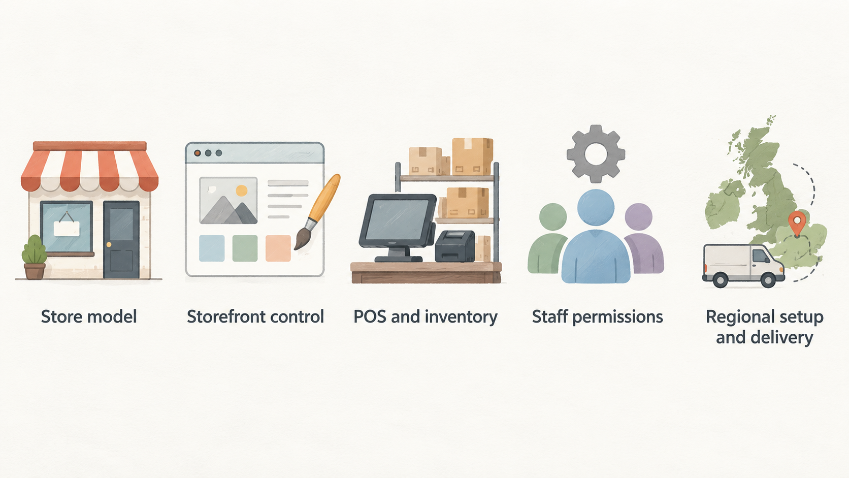 Show the verdict’s stated operating factors as one horizontal row of five icons with short labels: “Low-code route,” “Storefront control,” “POS and inventory,” “Staff permissions,”